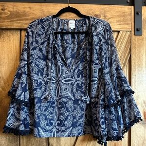 Misa Los Angeles Blouse Tiered Pom Pom Bell Sleeves. NWOT Size S. 20" Pit to Pit
